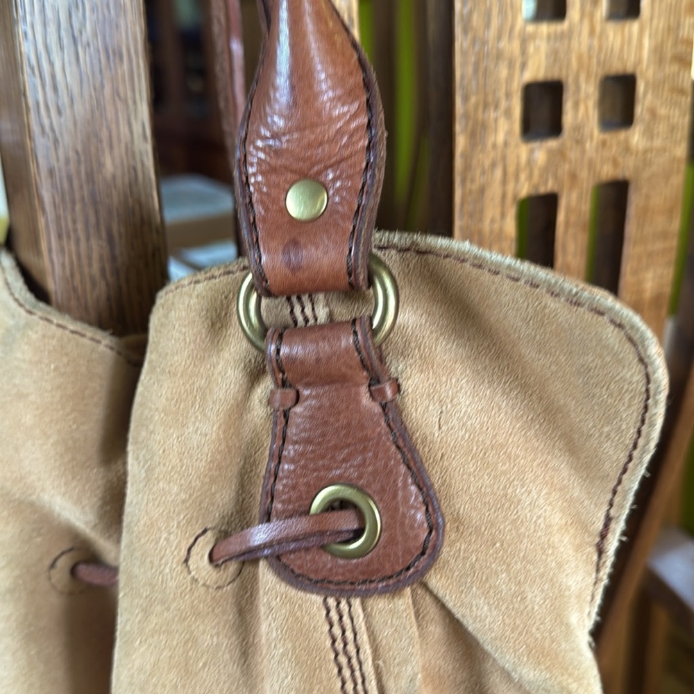 Tan Suede Bucket Bag with Brown Leather Accents - Picture 8 of 9